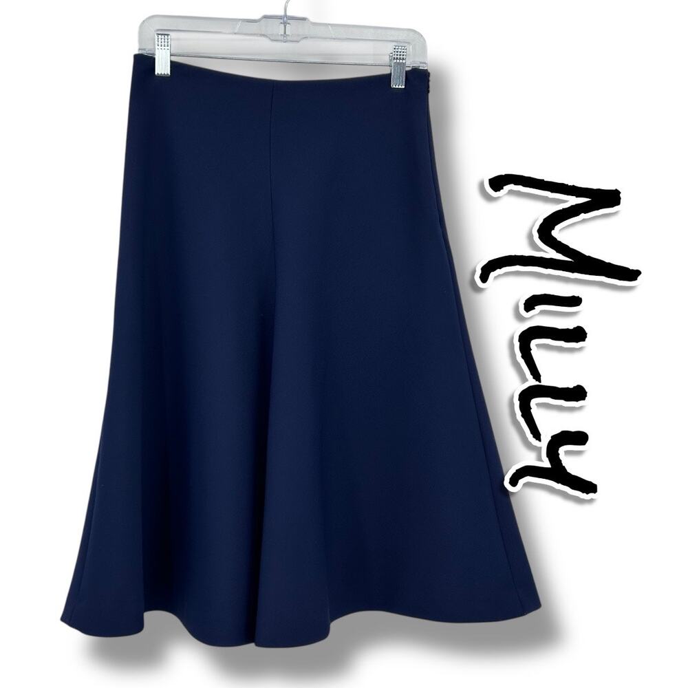 Milly Navy A-Line Flared Midi Skirt Workwear Quiet Luxury Preppy Womens Size 4